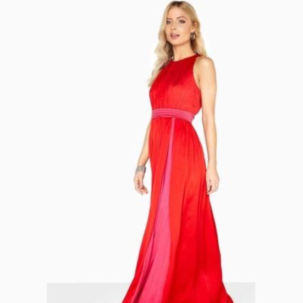 Little Mistress Charlotte Color Block Red and Pink Satin Maxi Dress | Sz. M BNWT